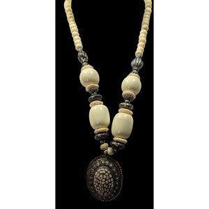 Vintage Bohemian Varved Cow Bone And Metal Necklace
